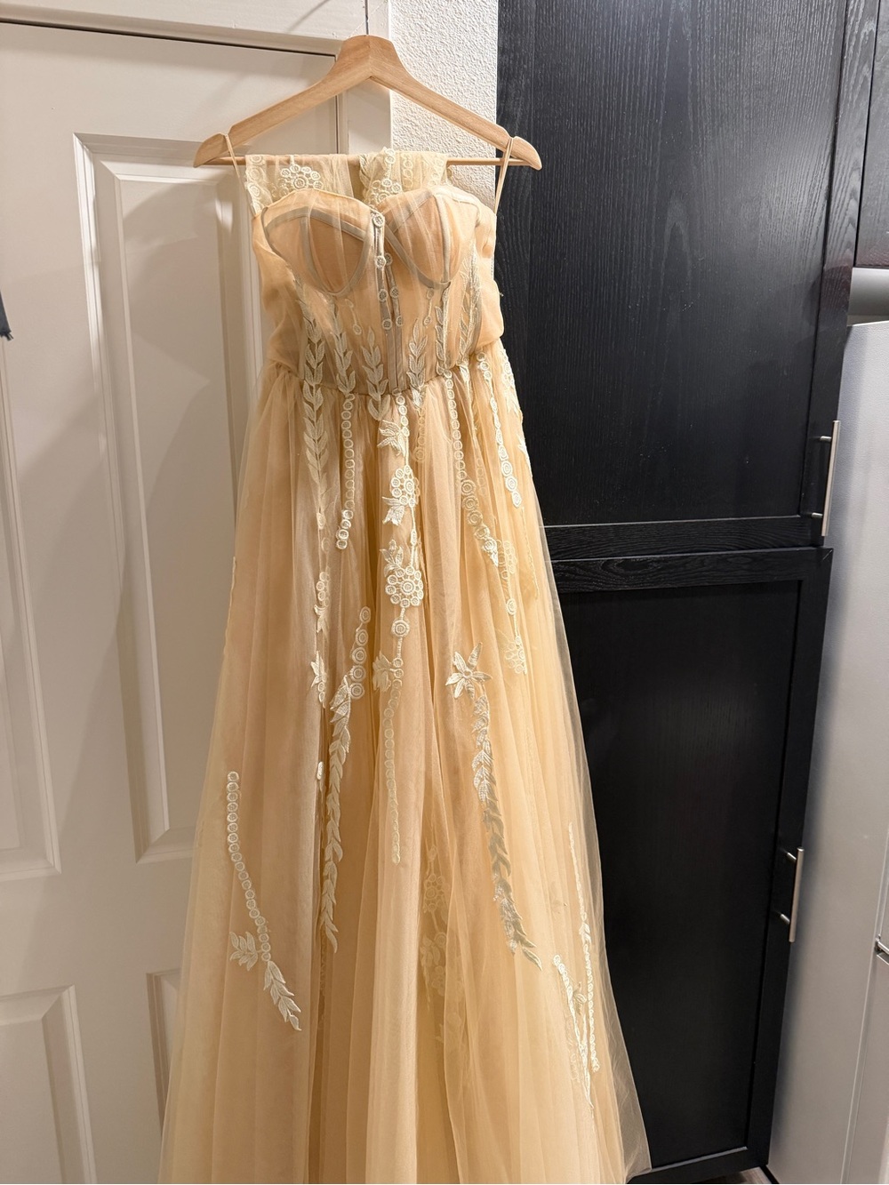 Strapless Lace Appliqué Tulle Gown in Champagne - Picture 2 of 7